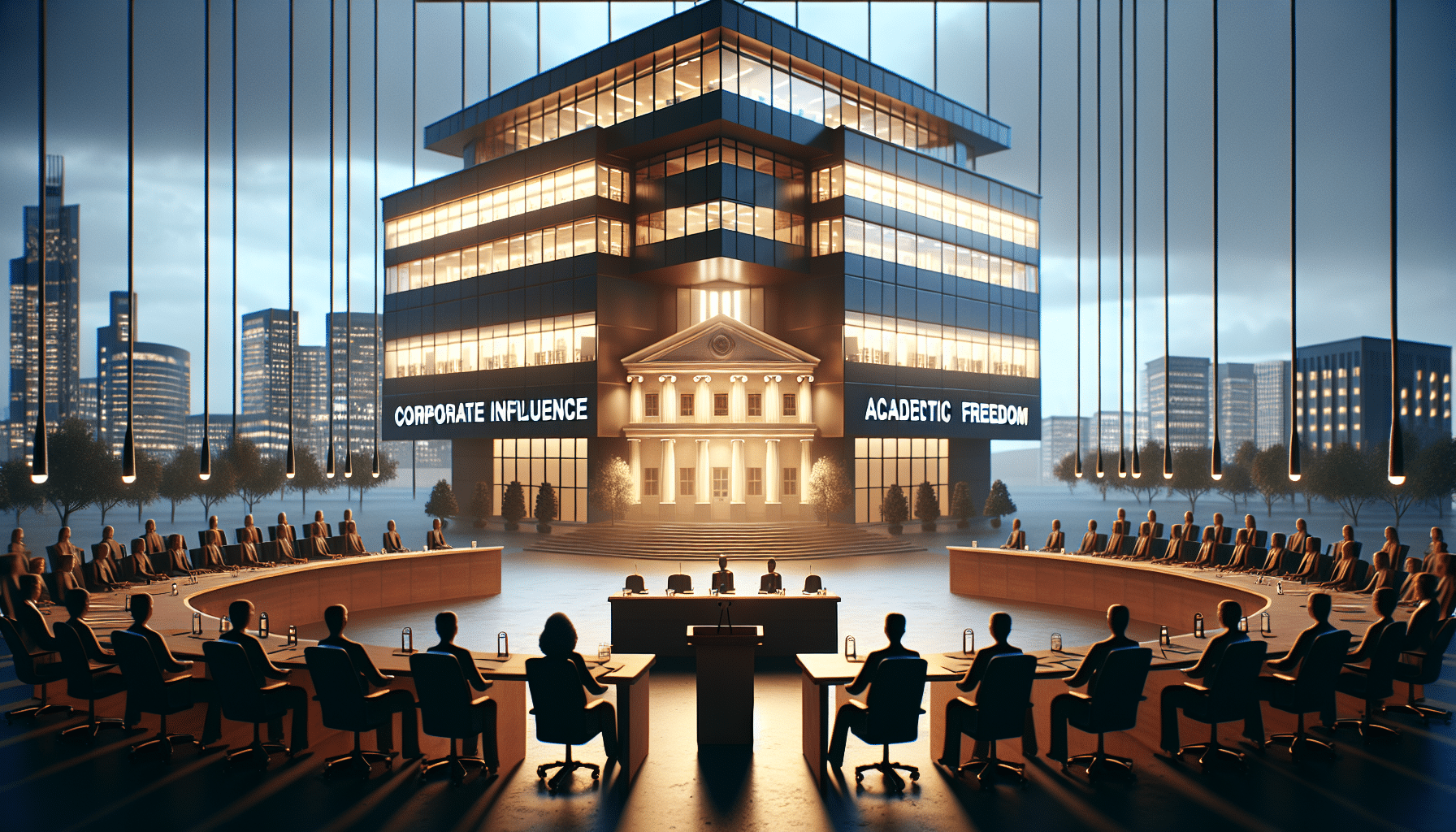 A visual depiction of corporate influence vs. academic freedom in higher education.