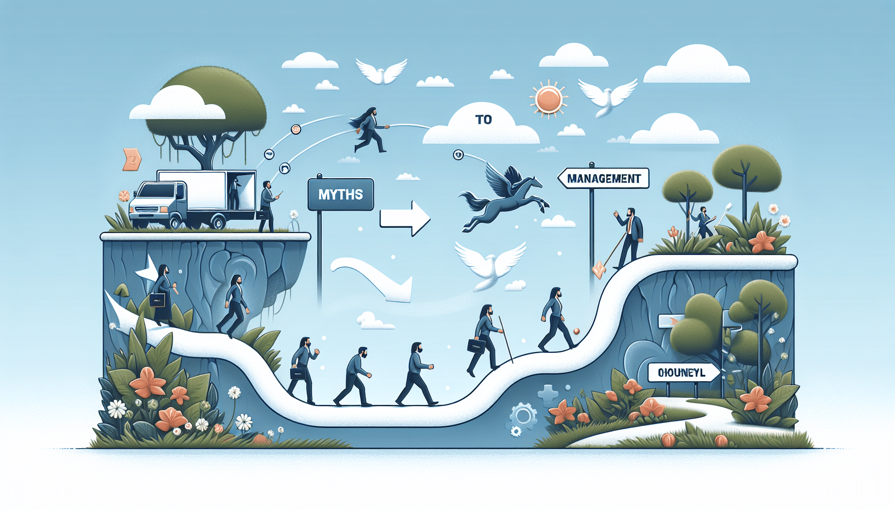 Illustration representing the shift from leadership myths to practical modern management techniques for emerging leaders.